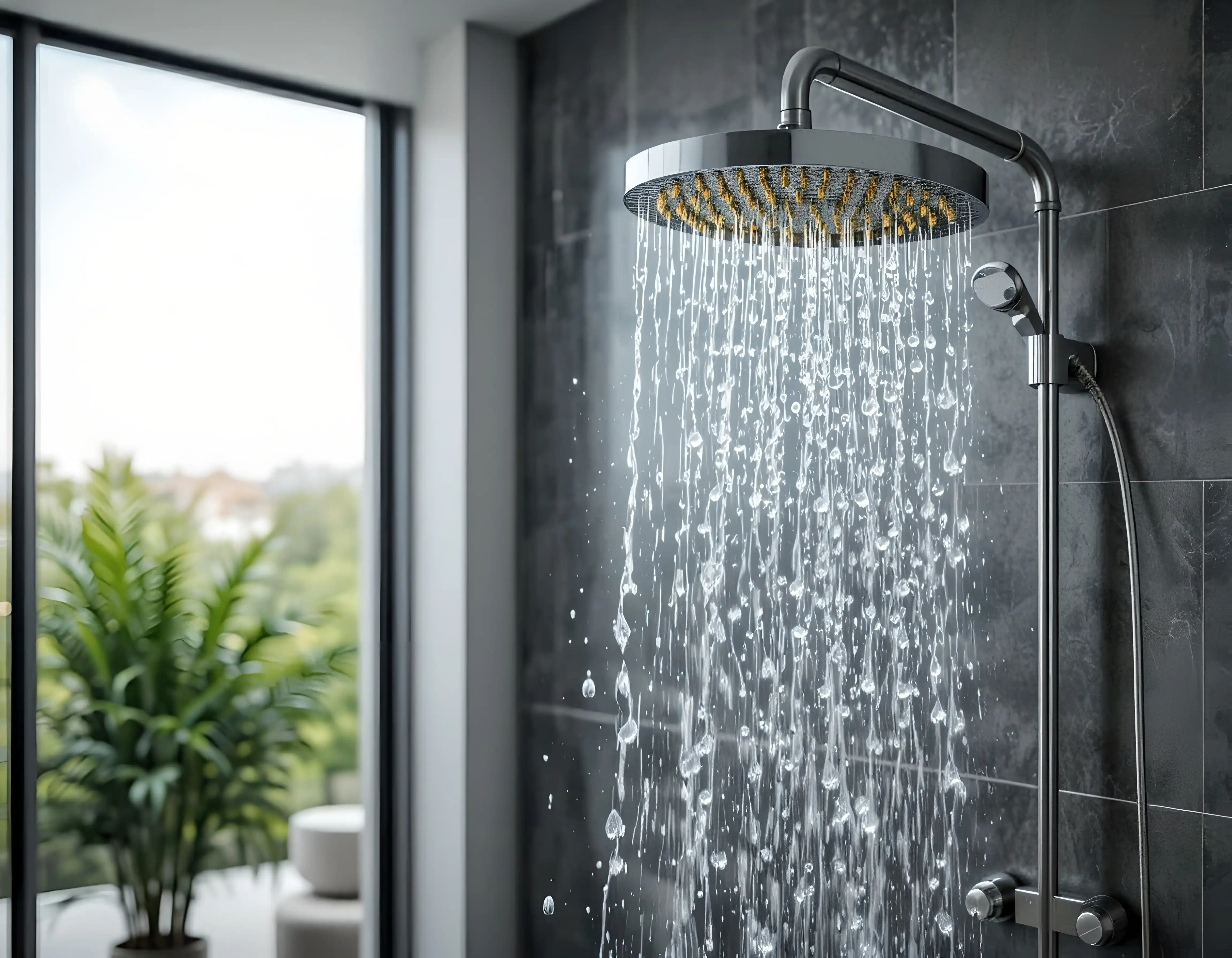 Modern luxury shower with pristine water flowing through premium fixtures