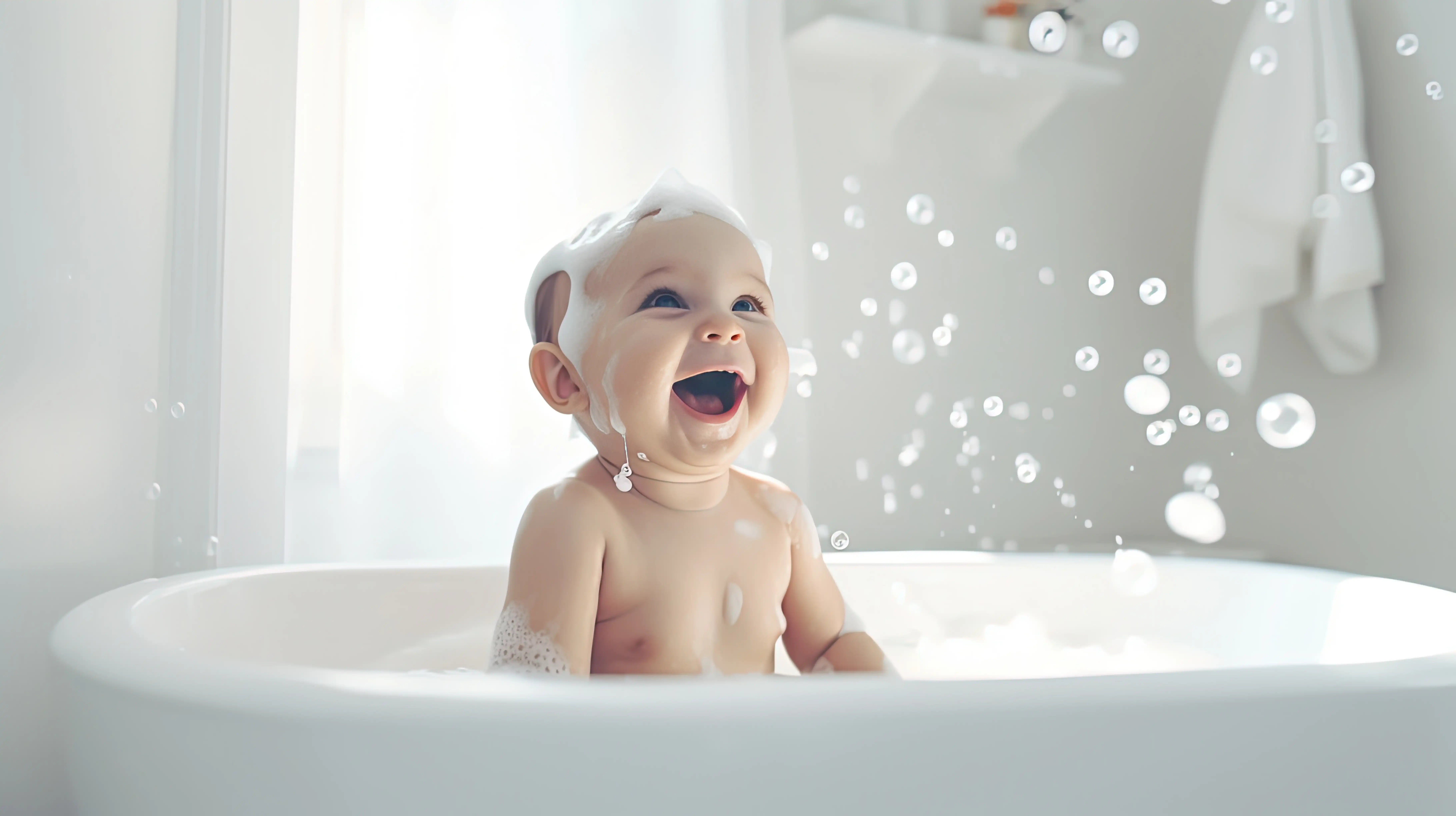 Happy baby enjoying a gentle bubble bath in pure, filtered water